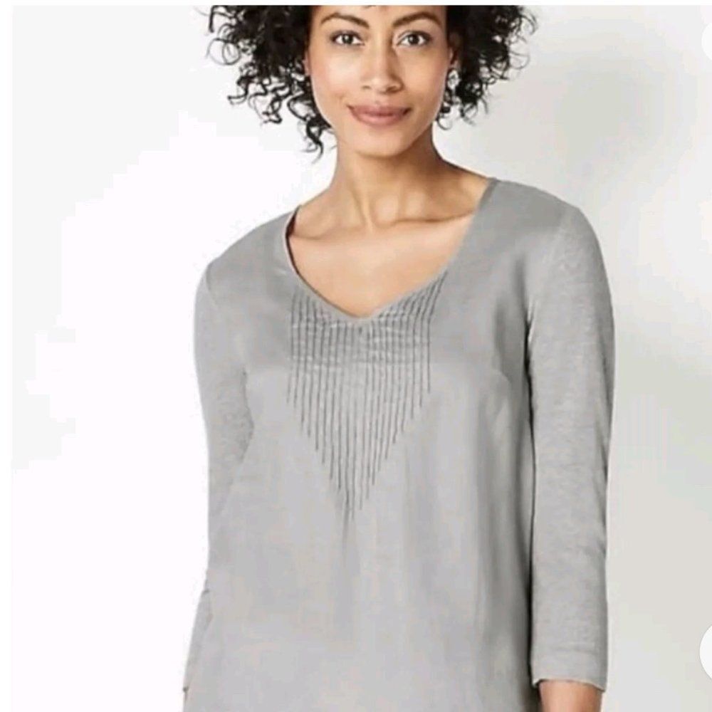 J.Jill Love Linen Gray 3/4 Sleeve Tunic V-Neck Lined Top Size XS